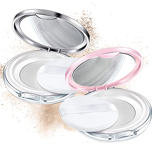 Cunhill 2 Pcs Loose Powder Container with Puff 0.17/0.7 oz Reusable Plastic Portable DIY Makeup Empty Powder Case with Mirror and Net Sifter(Pink, Silver)