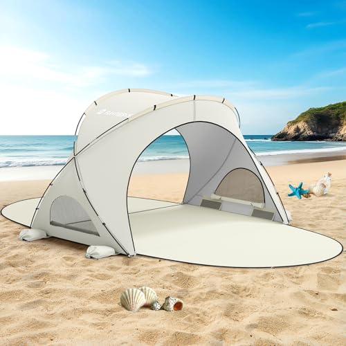Image of Raynesys Beach Tent Sun Shelter for Sand Camping Fishing, 1-3 Person, Beige | Beach Shade Tent with UPF50+ UV Protection, Portable Sun Shelter, Shade Tents with 2 Zippered Doors