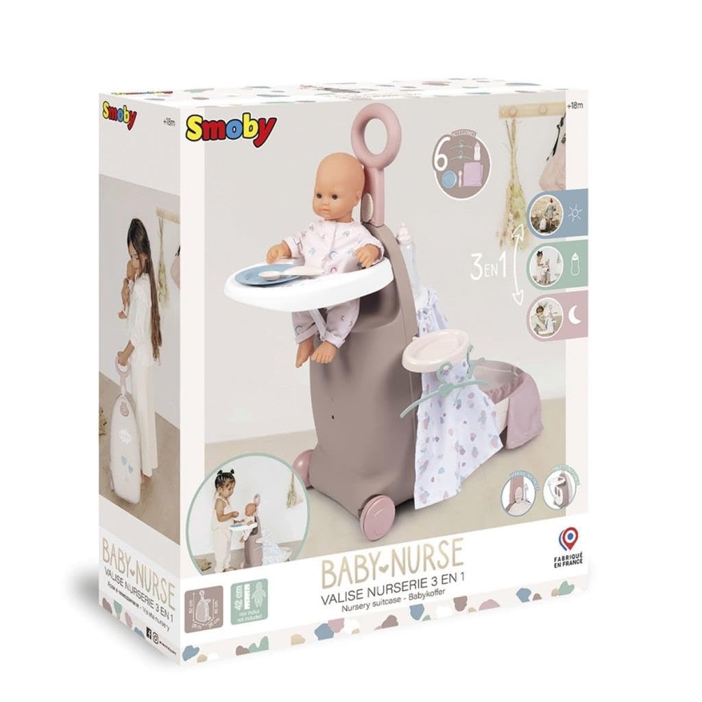 Smoby 7600220374 Baby Nurse Wielofunkcyjna walizka 3w1, łóżeczko dla lalki, krzesełko do karmienia bobasa, przenośny kontenerek na kółkach, 25,5x25,5x62 cm
