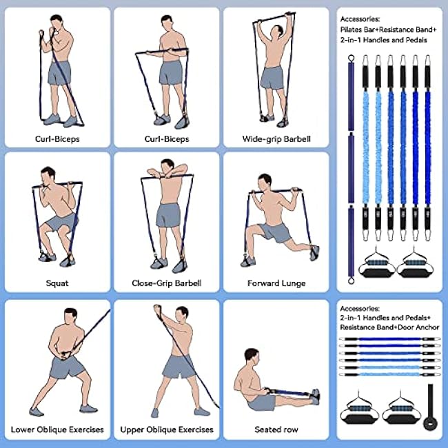 Hommie Portable Pilates Bar Kit with Resistance Bands for Men and Women£¬Upgraded 3 Section Pilates Bar with Resistance Bands (20-60lb) for Home Gym Equipment Supports Full-Body