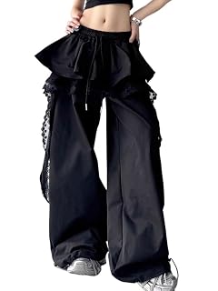 Womens Parachute Pants Wide Leg Baggy Pants Y2K Elastic Waist with Lace Wrap Skirt 2000s Sweatpants Streetwear