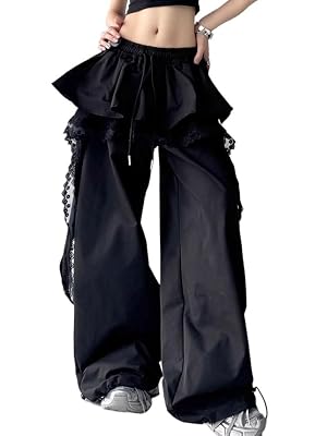 Womens Parachute Pants Wide Leg Baggy Pants Y2K Elastic Waist with Lace Wrap Skirt 2000s Sweatpants Streetwear