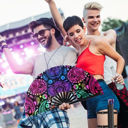 Image of FairySandy Large Rave Fan UV Glow Clack Summer Hand Fan with Thigh Holster for Women Carnival Party Supplies for Carnival Edm Music Festival Club Accessories(Paisley,Purple)