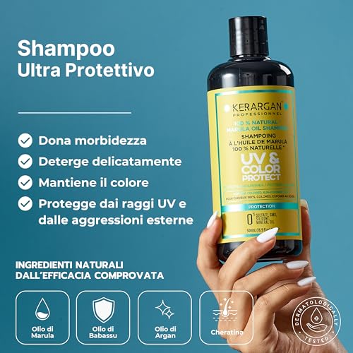 Kerargan - Protezione Uv Shampoo E Balsamo All’Olio Di Marula Per Capelli Secchi E Colorati - Idrata, Protegge, Ravviva La Lucentezza - Senza Solfati, Ogm, Oli Minerali - 2X500 Ml - 3