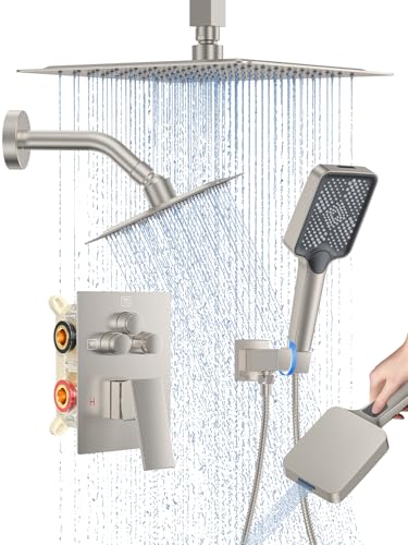 Image of Woindo Shower Faucet Set, 10 inch Ceiling Mount Rainfall Shower System with 2 Rain Shower Head and Multi-function Handheld Head Push Button Diverter Shower Faucet Trim Kit
