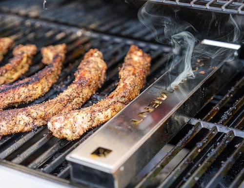 Monument Grills A007 Heavy Duty Stainless Steel Barbecue Smoker Box Grill Accessories, Reusable Smoker Box with Lid for Gas Grill, 14.76" x 2.36" x 1.41"