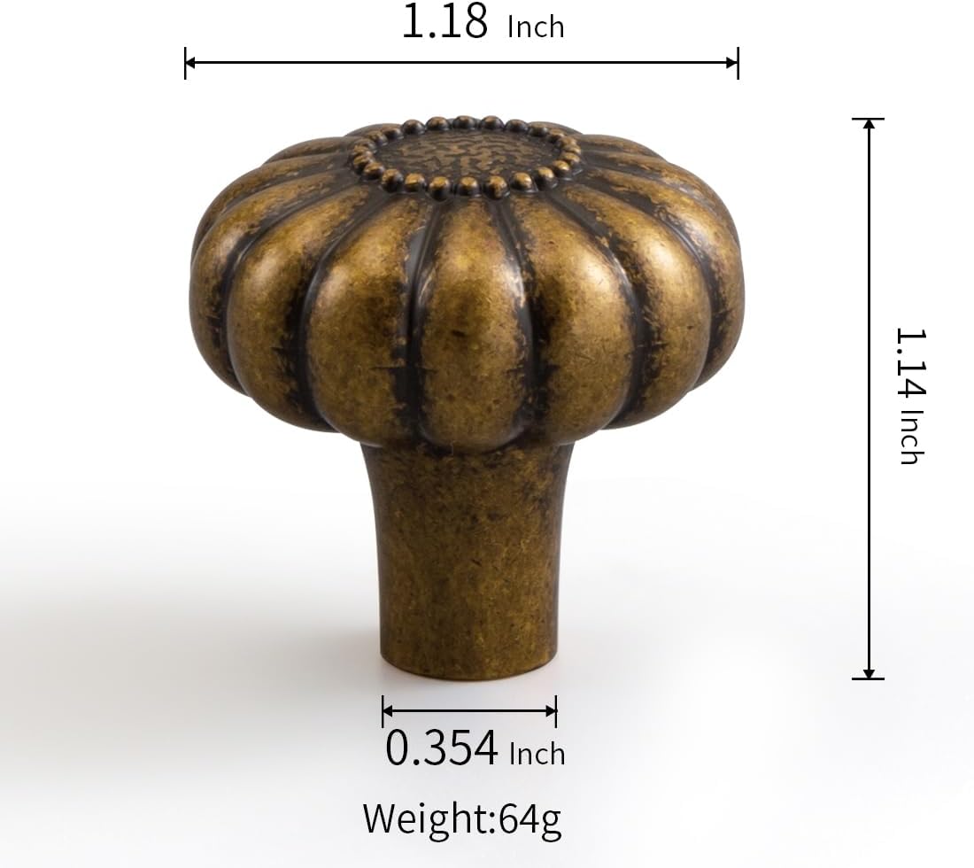 YAGU 10 Pack Sunflower Antique Brass Kitchen Cabinet Knobs 1-1/5 Inch Round Dresser Drawer Knob Vintage Bronze Furniture Hardware Aged Brass Pulls for Closet Cupboard Wardrobe