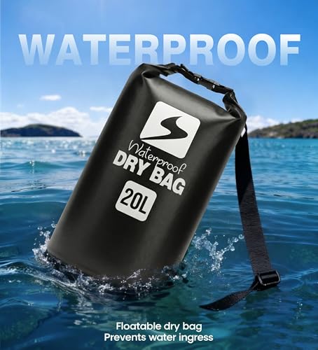 Image of Soulsfeng Waterproof Dry Bag Backpack, Roll Top Floating Dry Storage Bag with Phone Case, Lightweight Dry Sack for Kayaking, Boating, Beach, Travel, Camping 20L, Black