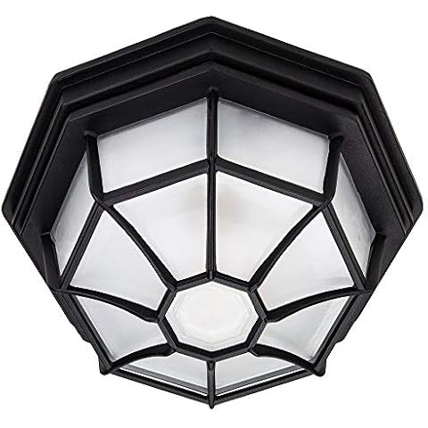 Traditional Hexagonal Matt Black Flush Ceiling Porch Light Fitting with Frosted Glass | 1 x 60w E27 by Happy Homewares Cover