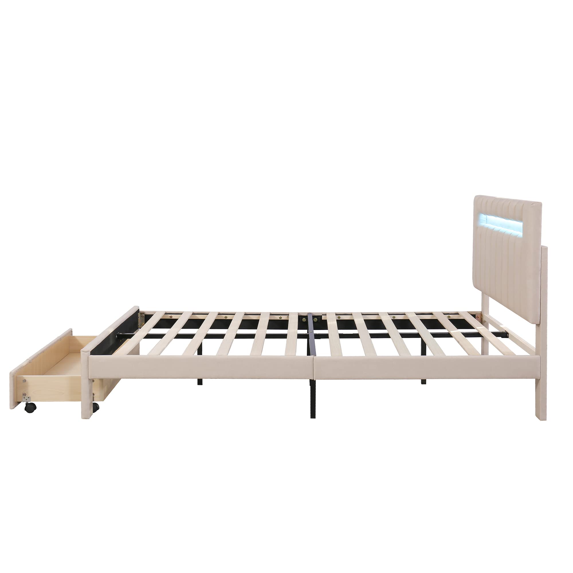 KecDuey 140 x 200 cm, letto imbottito con illuminazione a LED, cassetti, rete a doghe, delicato sulla pelle, beige, letto matrimoniale, letto per ragazzi (senza materasso