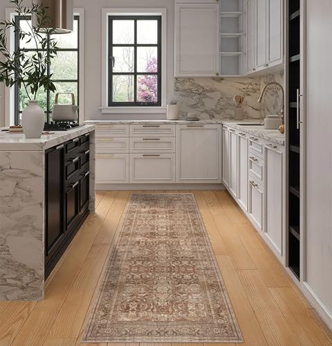 vivorug Brown Runner Rug 2x10 Machine Washable Rug with Non-Slip Backing, Ideal for Kitchen Hallway Entryway Laundry Room - Vintage, Durable, Easy Clean, Low Pile Carpet Runner