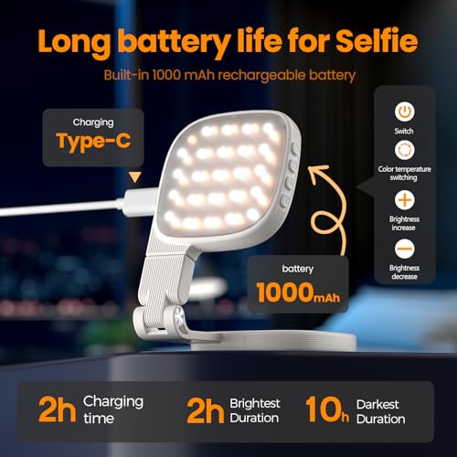 Image of ELEPHANTBOAT USB Magnetic Folding Phone Fill Light with Touch-Up Mirror 1000mAh Rechargeable 3-Color LED Video & Photography Light with 10 Brightness Levels Compatible with Magnetic Ring Phones Cases