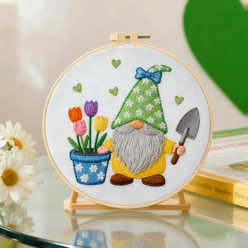 Image of BEUNITONE 4 Set Gardener Gnome Embroidery Kit for Adult Beginners with Hoop