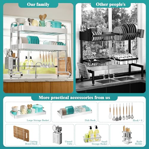 Image of HOWDIA 3-Tier Over The Sink Dish Drying Rack, 304 Stainless Steel Dish Rack with Honeycomb Design, Cutlery Holder & Chopping Board Rack, 33.86 inch x 11.81 inch x 33.07 inch for Maximum Kitchen Storage