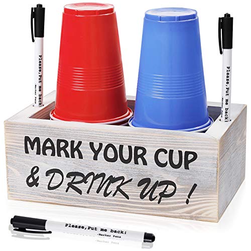 Double Solo Disposable Cup Holder with Marker Slot -Wood Party Plastic Cup Marker Holder ,Mark Your Cup and Drink Up Cup Holder,Drink Caddy Cup Dispenser,Farmhouse Party Bar Rustic Wedding Decor