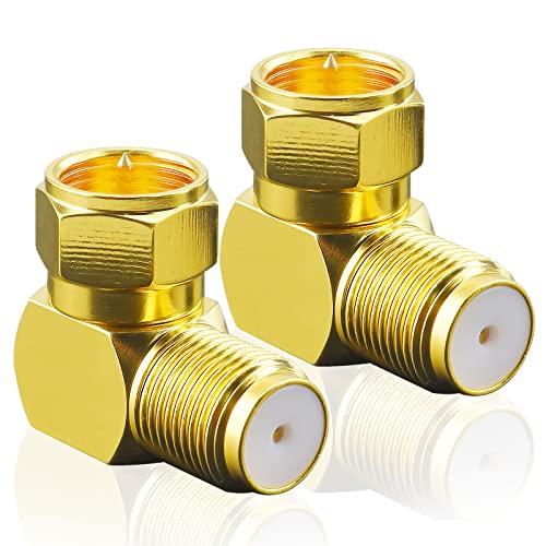 onelinkmore RG6 Adapter Right Angle Coax Connector F Type Coaxial 90 Degree Elbow Golden Premium Texture Coax Male to Female Cable Connector for Wall Plates Wall Mounted TV Coaxial Cable Pack of 2