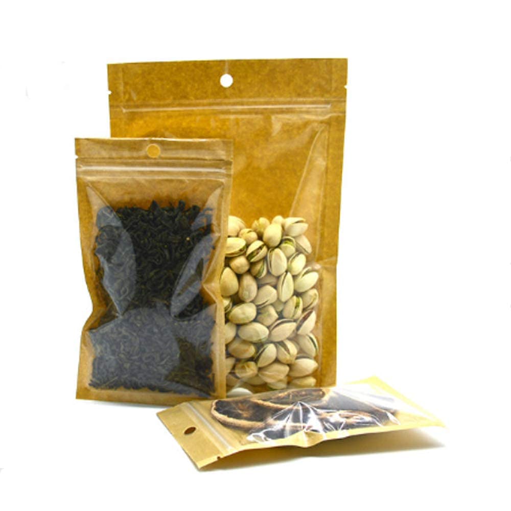 Bolsas ziploc, 100 Uds. Bolsas con Cierre Frontal de plástico Transparente tamaño pequeño Papel Kraft marrón resellable Poly(24x37cm (9.4x14.6 Inch))