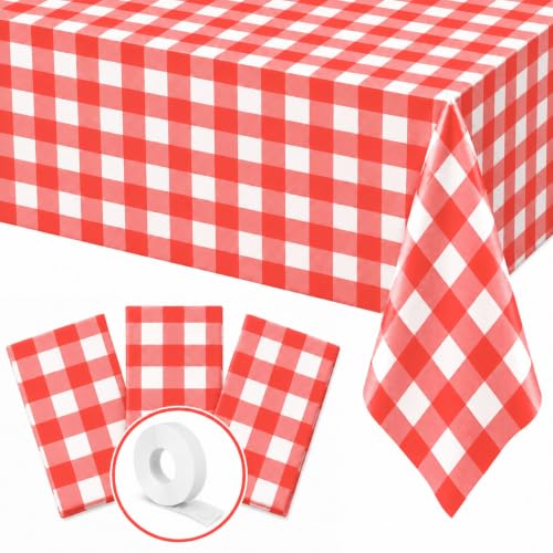 Image of Blue Orchards Red Gingham Table Cover (Pack of 3 with 20 Glue dots) - 54 inchx108 inch XL - Red and White Checkered Picnic Plaid Tablecloth, Plastic Rectangle Decoration for Outdoor Birthday Party Supplies