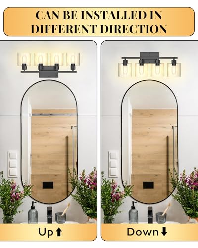 Image of Bathroom Vanity Light Fixtures 4-Light Black Wall Sconce, Brushed Nickel Mirror Light with Clear Glass Shade, Easy Install Bedroom Hallway Lighting, E26 Base