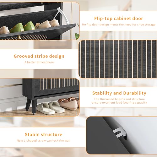 Shoe Storage Cabinet for Entryway with 2 Flip Drawers, Narrow Wood Shoe Cabinet with Fluted Panel, Freestanding Hidden Shoe Organizer for Foyer, Hallway (Black - No Shelf)