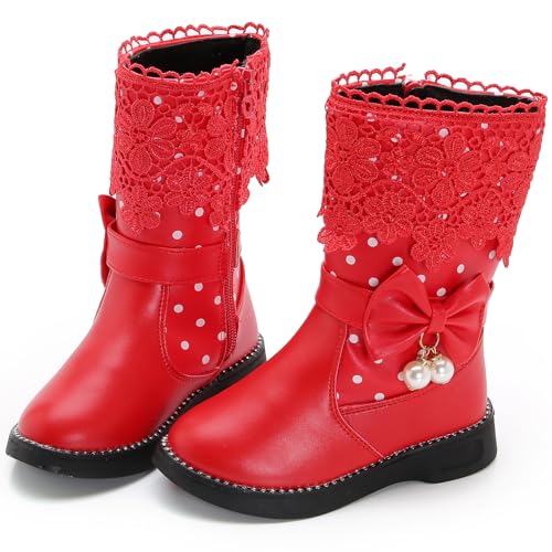 WUIWUIYU Girl's Waterproof Lace Bowknot Pearls Side Zipper Fur Winter Mid-calf Boots (Toddler/Little Kid/Big Kid)3