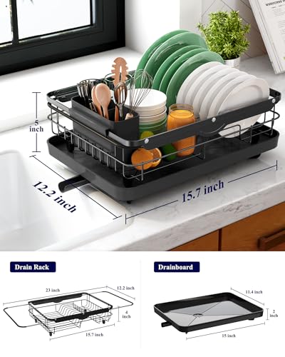 Kitsure Dish Drying Rack for Kitchen Counter, Stainless Steel Sink Organization and Storage Essentials with Cutlery Holder, Home and Appartment Decor, 12.2''W x 15.7''~23''L, Black