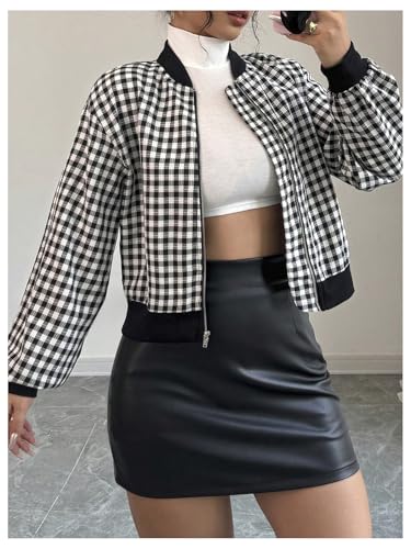 MakeMeChic Women's Plaid Full Zip Mock Neck Bomber Jacket Lantern Sleeve Coat3