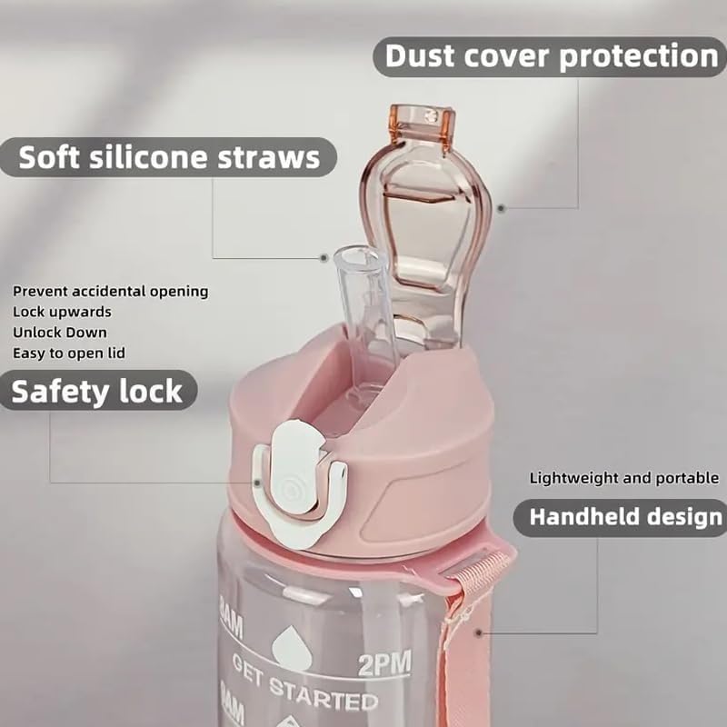 Image of MKY Motivational Water Bottle 1L BPA Free Leakproof Time Marker Bottle with Straw Safety Lock Carry Storage Reusable Plastic Drinking Bottle for Gym School Office Travel (Set 1) (Multicolour)