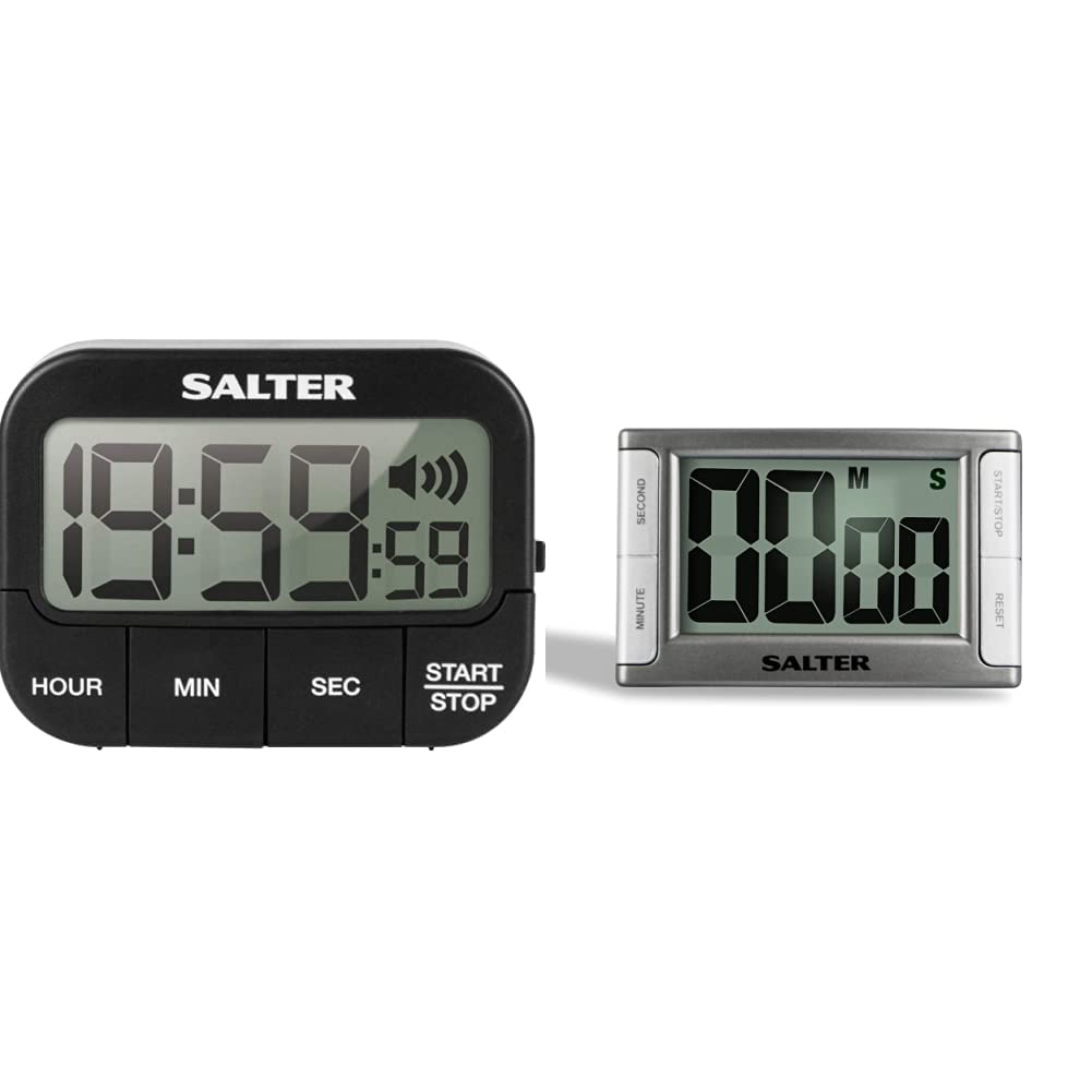 Salter 355 BKXCDU Premium Loud Beeper Electronic Timer, Magnetic/Self Standing, Count Up/Down, Loud Beeper with 3 Volumes, Black & 396 SVXR Premium Contour Electronic Timer