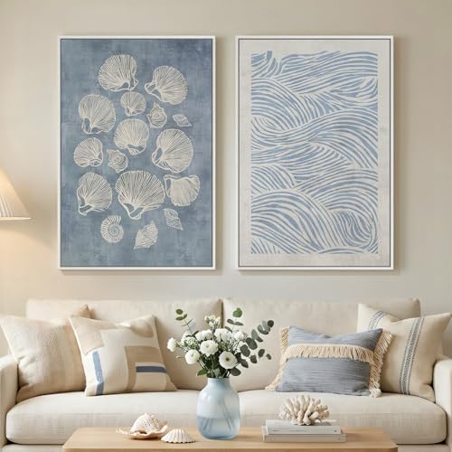 Framed Abstract Coastal Blue White Wall Art for Living Room, Set of 2 Ocean Shell...