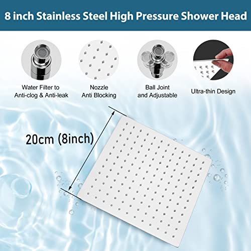 Midanya Polish Chrome Bathroom Rain Shower System Shower Faucet Set Wall Mount 8 Inch Square Rainfall Shower Head High Pressure Shower Fixture With Handheld Sprayer Rough-In Valve Body And Trim #TOP6