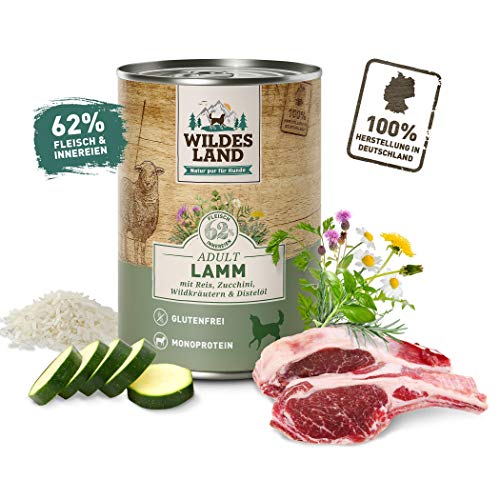 Wildes Land - Nassfutter für Hunde - Nr. 1 Lamm - 6 x 400 g - mit Reis, Zucchini, Wildkräutern & Distelöl - Glutenfrei - Extra viel Fleisch - Beste Akzeptanz und Verträglichkeit
