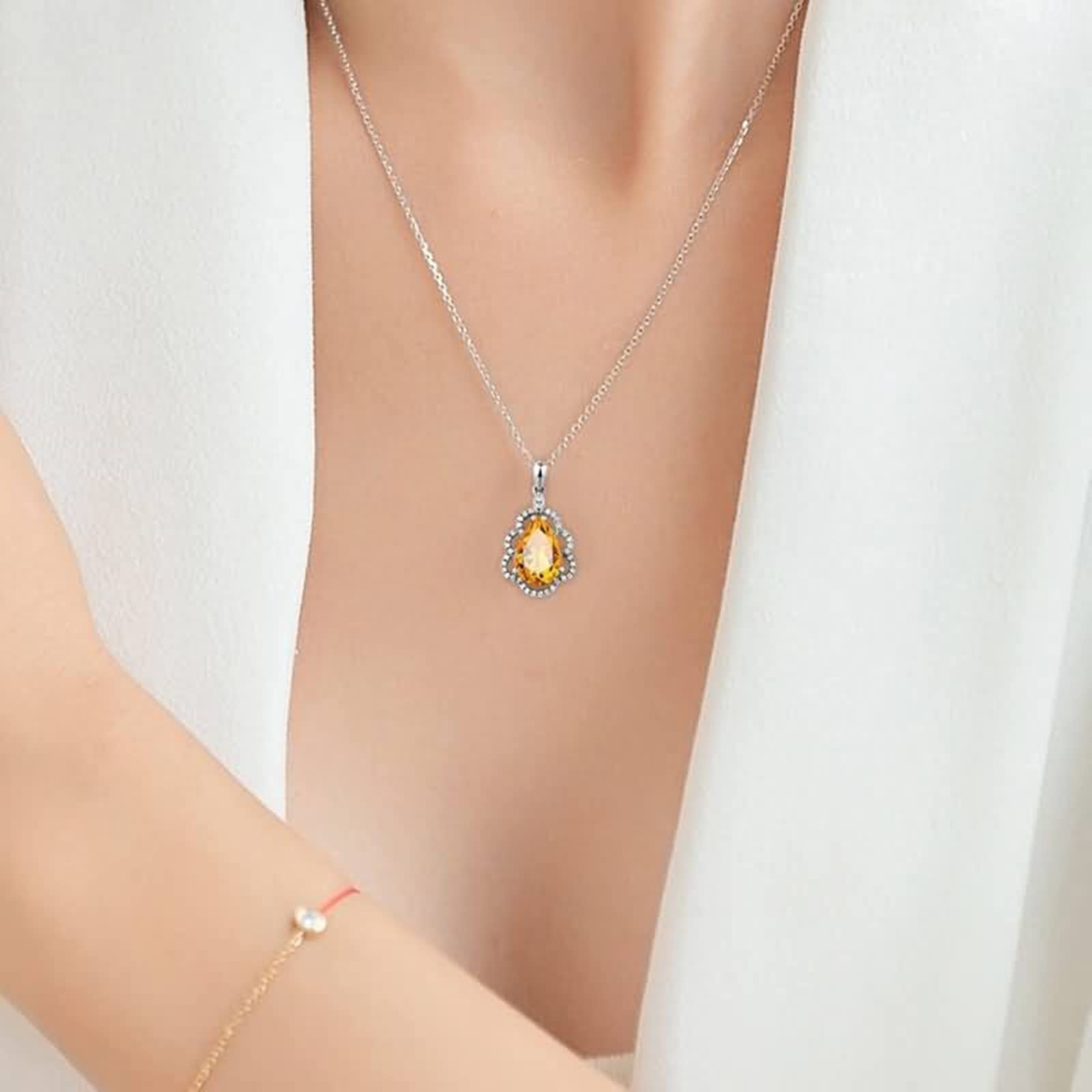 Ciondolo per Collana Oro Bianco Vera, Collana Donna Elegante da Matrimonio con Citrino 3 Carati e Diamante Sintetico, Gioielli con Pietra del Mese di Nascita