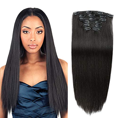 Clip in Human Hair Extensions,Natural Black Remy Hair Extensions for Women Full Head Double Weft Real Hair Extensions Set 7pieces 70g (16''-70g, Black04)