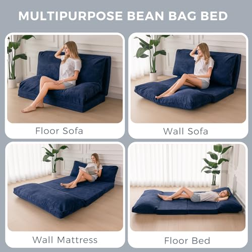 Image of MAXYOYO Folding Sofa Bed, Extra Thick and Long Floor Sofa Convertible Chair with Washable Cover, Floor Couch Lounge Bean Bag Bed for Living Room, Navy, 39x91 Inch