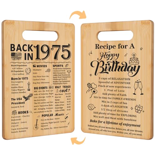 50th Birthday Gifts for Women Men,Back In 1975&Recipe for A Happy Birthday Double sided Cutting Board present for Her Him,50th Bday gift ideas,cool presents for 50 year old woman