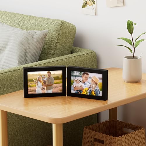decorUhome Double 6x4 Picture Frame Horizontal, Engineered Wood Bifold Photo Frame with Plexiglass for Tabletop Display, 6x4, Black