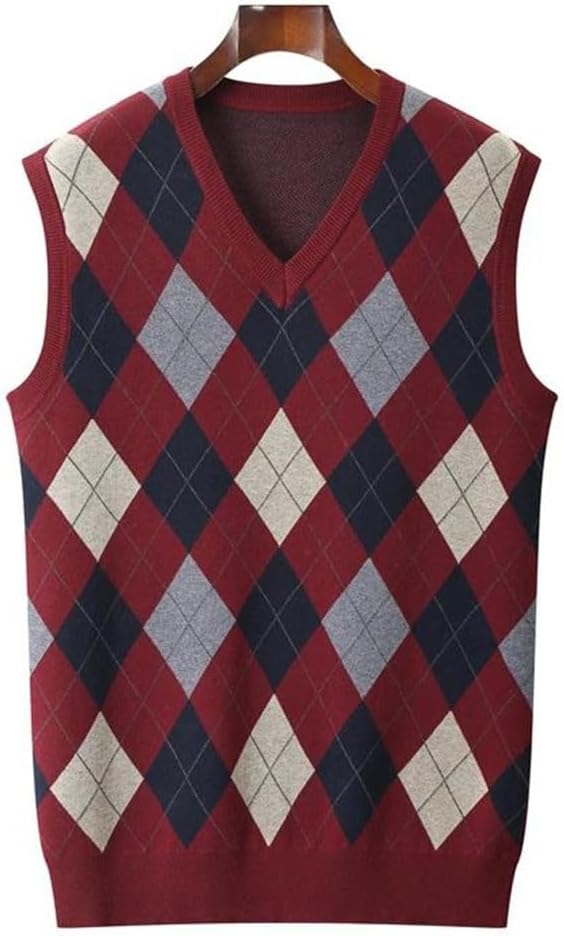 Men's Loose Sweater Vest Classic Plaid Wool Sweater