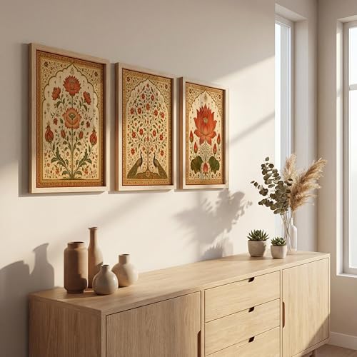 Image of NoWorries Lotus Peacock Wall Art Set of 3 Framed Prints | Indian Traditional Floral Botanical Painting, Royal Rajasthani Lotus Poster, Vintage Ethnic Wall Decor for Living Room Bedroom Home (Synthetic Engineered Wooden Frame) (Synthetic Engineered Wooden Frame) (MIN -9, 13x17 inches)