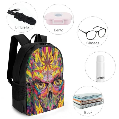 Backpack with Zippered Side Pockets, Unisex Trippy Weed Leaf Skull Art Breathable Backpack for Hiking, Gym, Fashion Adjustable Shoulder Bag4