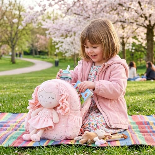 Image of Gloveleya Toddler Backpacks Baby Girl Gifts Curly Hair Plush Figures Dress Backpack - Silver Heart Accents in Pink 11''