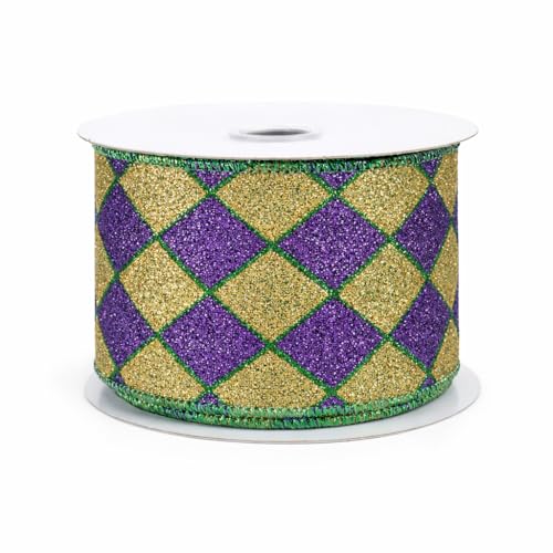 Image of Harlequin Glitter Diamonds Wired Ribbon - 2 1 /2 inch x 10 Yards, Purple and Gold Glitter Diamonds, Green Accents, Mardi Gras Decor, Fat Tuesday, Hanukkah, Holiday Garland, Gifts, Wrapping, Wreaths, Bows