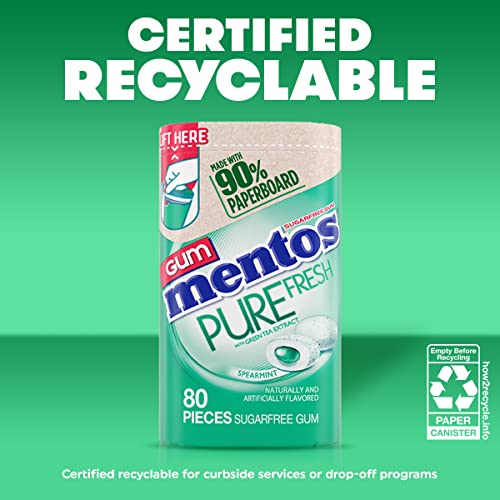 Mentos Pure Fresh Sugar-Free Chewing Gum With Xylitol, Spearmint, In A Recyclable 90% Paperboard Bottle, 80 Piece #TOP2