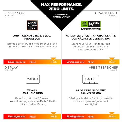 Omen MAX Gaming Laptop, 16 Zoll WQXGA Display 240Hz, AMD Ryzen AI 7 350 (8C) 50 NPU Tops - bis zu 5.0 GHz, NVIDIA GeForce RTX 5070 Ti 12GB VRAM, 32 GB RAM, 1 TB SSD, Win 11, QWERTZ, RGB Light, Schwarz – Bild 3