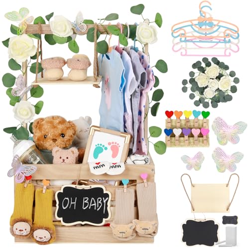 Image of Wooden Baby Shower Crate Closet with Handle, Hangers & Garland, Large Capacity Baby Basket for Baby Shower, Customizable Wooden Crate Box Newborn Parents Welcome Gift (Natural Wood)