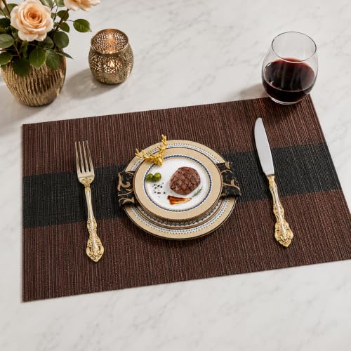Image of OXSAM Placemats, Heat Insulation Non-Slip Vinyl mats, Stain-Resistant Tablemats for Home and cafe Dining Table Decor (Brown & Black, Pack of 6)
