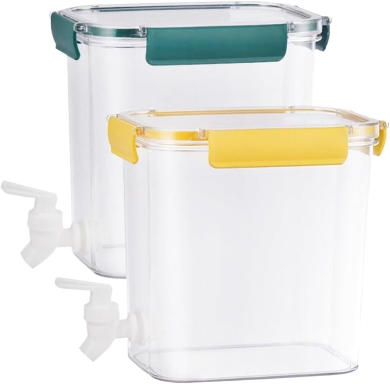 WOMGKDA 2pcs Plastic Juice Server for Parties with Spigot Beverage Dispenser Fridge Drink Container Water Server for Fruit Punch, Yellow and Green, 20X19.5X14CM
