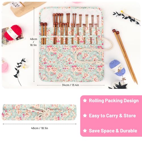 Image of Aeelike 18 Pairs Bamboo Knitting Needles Set - 14 Inches Wooden Knitting Needles Single Point with Flower Roll Bag - Portable Knittings Needle Set for Beginners (2mm - 10mm)