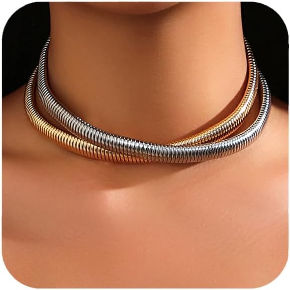 Chunky Gold Choker Necklace for Women, 14K Gold Plated Snake Chain Statement Necklace Triple Twsited Layered Choker Necklaces Jewelry Gifts