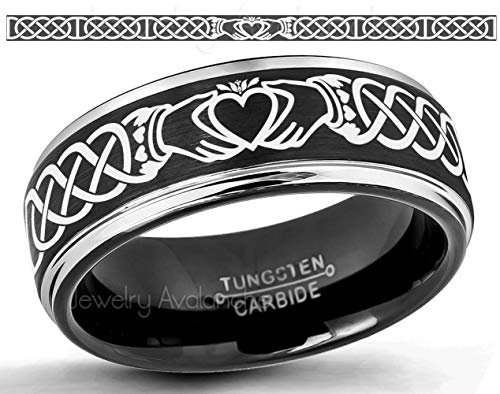 Mens Celtic Claddagh Tungsten Ring -8mm Brushed Finish Black IP & Gunmetal Stepped Edge Comfort Fit Tungsten Carbide Wedding Band2